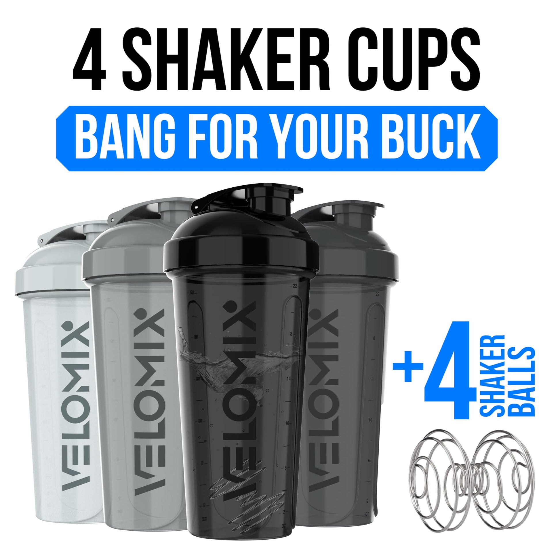 VELOMIX 4 Pack 28oz Protein Shaker Bottle for Protein Mixes, Silver Aurora
