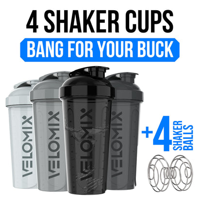 VELOMIX 4 Pack 28oz Protein Shaker Bottle for Protein Mixes, Silver Aurora