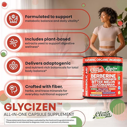 Clean Nutra Berberine and Ceylon Cinnamon Supplement Bitter Melon Glucomannan Gymnema Sylvestre Chromium Moringa Milk Thistle Turmeric Apple Cider Vinegar Digestive Enzymes Inositol Pills 90 Capsules