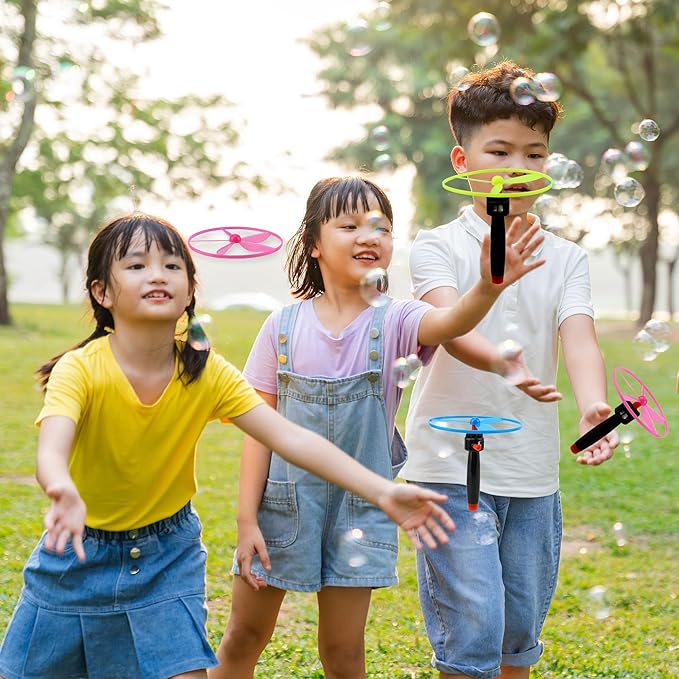 48 Pcs Flying Saucer Flying Disc Toy Helicopter Toy Disco Flyers Include 16 String Launchers and 32 Flying Saucer for Kids Outdoor Games Birthday Favors, Random Colors