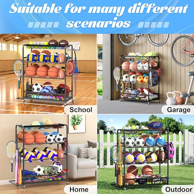 Garage Sports Equipment Storage Rack,Wheeled Sports Ball Storage Box,Double-Tier Double-Row Basketball Hoop Holds 16+ Balls,Ball Rack with Baseball Bat Holder and Hooks-Black