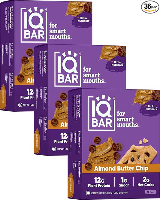IQBAR Brain and Body Plant Protein Bars - Almond Butter Chip - 36-Count Low Carb - Gluten Free