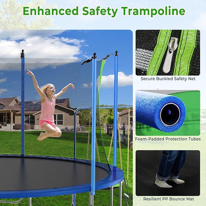 12FT 14FT Trampoline with Slide and Swings, ASTM Approved Outdoor Trampoline with Basketball Hoop and Ladder, Capacity for 5-7 Kids and Adults