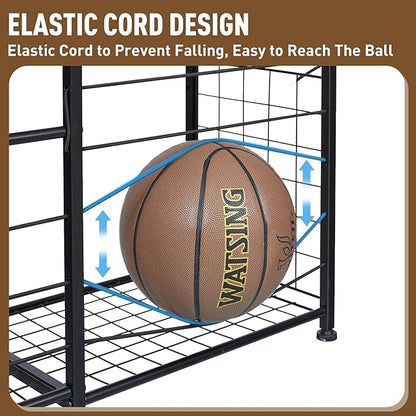 Garage Sports Equipment Organizer - Ball Storage Rack with Elastic Rope or Wire Mesh,Garage Organizer System with Wheels,Indoor/Outdoor Sports Rack for Sports Gear and Toys Storage,Black