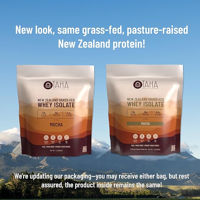Taha Health & Nutrition Mocha Whey Protein Isolate Powder, 30g Protein, 7.9g BCAAs, 4.3g Leucine | New Zealand Free-Range, Grass-Fed Dairy | Gluten-Free, Keto, Kosher | 2LB, 24 Servings