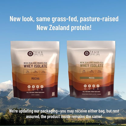 Taha Health & Nutrition Mocha Whey Protein Isolate Powder, 30g Protein, 7.9g BCAAs, 4.3g Leucine | New Zealand Free-Range, Grass-Fed Dairy | Gluten-Free, Keto, Kosher | 2LB, 24 Servings