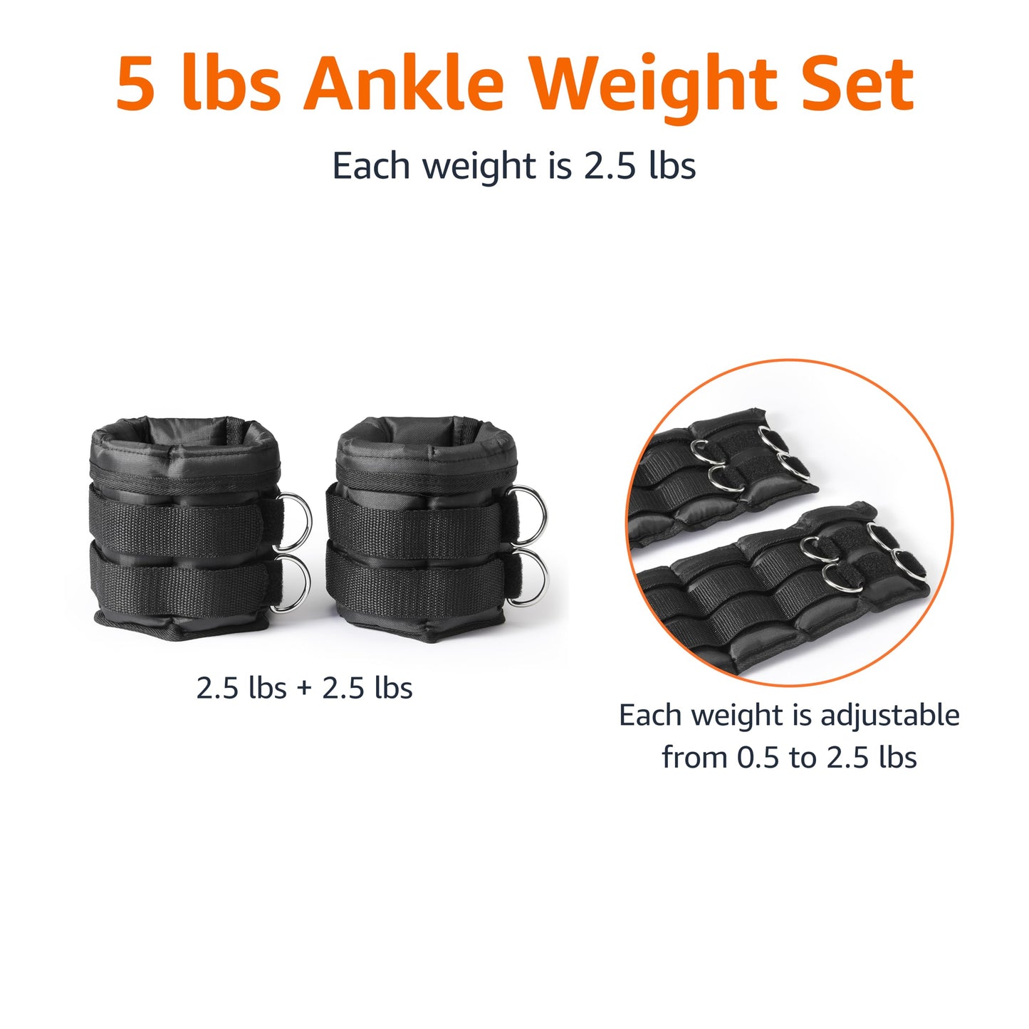 Amazon Basics Adjustable Ankle Weights for Men & Women, 5 lb Set (2.5 lb Each), for Workouts
