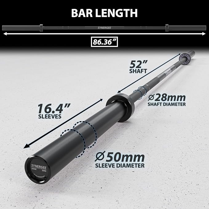 Synergee Games 15kg and 20kg Colored Ceramic Coated Barbells. Rated 1500lbs for Weightlifting and Powerlifting. Black, Red, Grey, Pink