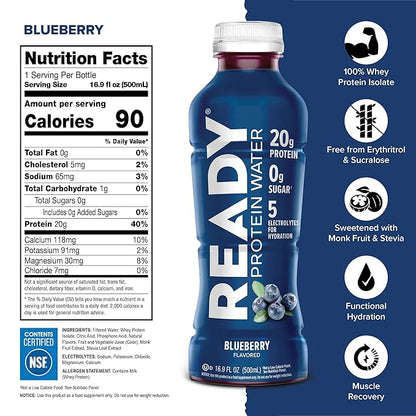 Ready® Protein Water ??20g Whey Protein Isolate, Zero Sugar, Low-Calorie Sports Drink for Hydration & Recovery ??Electrolytes, Essential Amino Acids ??Blueberry, 16.9 fl oz Bottles (12-Pack)