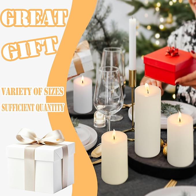 18 Pcs Ivory Pillar Candles Bulk Set，Hurricane Candlesï¼? Different Lengths (6 Each)，Dripless Unscented Smokeless，Gives You a Better Atmosphere When Organizing Wedding or Event Party.