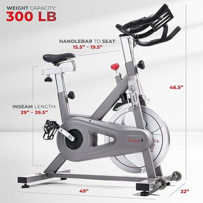 Sunny Health & Fitness Indoor Cycling Exercise Bike w/Pulse Sensors & 4-Way Adjustable Seat, Stationary Home Cardio Training Machine w/Micro-Adjustable Magnetic Resistance for Intensive Cardio Session