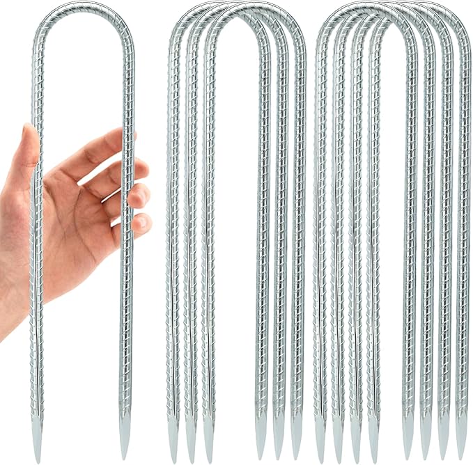 12 INCH 8 Pack Trampoline Stakes, U Shaped Ground Anchors Wind Stakes, Heavy Duty Trampoline Parts, Steel Stakes for Trampolines, Outdoor Canopies, Camping Tents and Football Goals, Silver