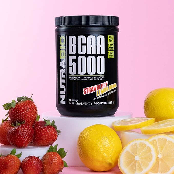 NutraBio BCAA 5000 Powder - Vegan Fermented BCAAs - Supports Lean Muscle Growth, Recovery, Endurance - 60 Servings - Strawberry Lemon Bomb