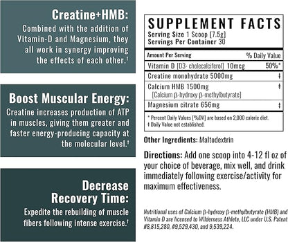 Wilderness Athlete - Creatine HMB - Micronized Creatine Monohydrate Powder HMB and Vitamin D3 Supplement - Creatine Powder Butyrate Supplement - Best Rated Creatine for Women & Men