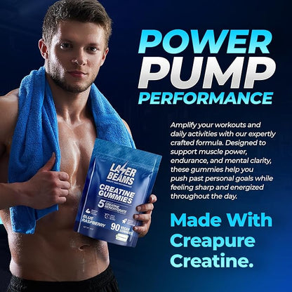 Creatine Monohydrate Gummies for Women & Men- 5g Creapure Creatine per Serving - Vegan, Blue Raspberry Flavor - Boost Muscle Strength, Endurance, Recovery & Mental Focus (90 Gummies)