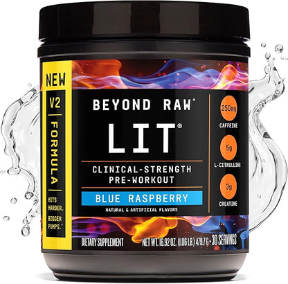 BEYOND RAW LIT V2 Clinical Strength Pre Workout Powder, Hits Harder, Bigger Pumps, Caffeine, L-Citrulline, Creatine, Blue Raspberry, 30 Servings
