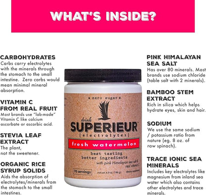 Superieur Electrolytes ??Plant Based Electrolyte Supplement w/Sea Minerals for Hydration & Recovery ??Keto Friendly, Non-GMO, Zero Sugar, Vegan Healthy Sports Drink Powder ??Watermelon (70 Servings)