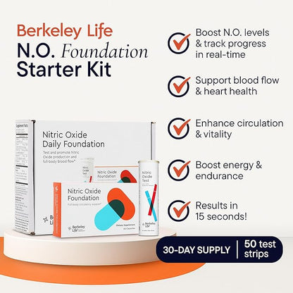 Berkeley Life Nitric Oxide Booster & Test Strips Starter Kit - 60 Capsules & 50 Test Strips - Nitric Oxide Supplements Helps Support Healthy Blood Pressure, Circulation & Cardiovascular Health