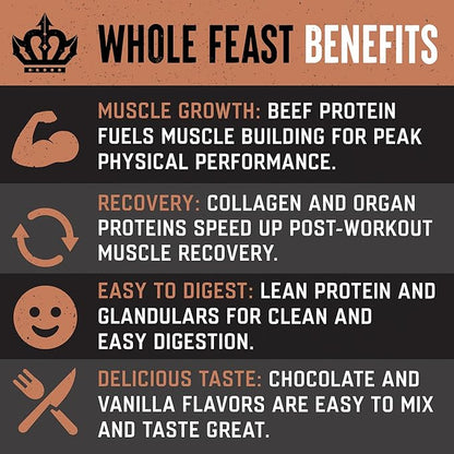 The Fittest Whole Feast Beef Protein Powder - Milk Chocolate - Grass Fed Nose to Tail Carnivore Blend Including Liver, Colostrum and Whole Bone - BCAAs - 14g Collagen, 21g Total Protein