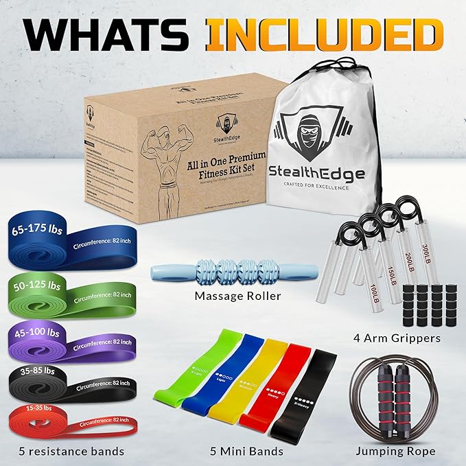 Heavy Duty Fitness Set - 5 Resistance Bands (Max 520 lbs Combined), 4 Hand Grippers (300 lbs), Mini Bands (Low to Very High), Foam Roller, Jump Rope - Ultimate All-in-One Workout Kit