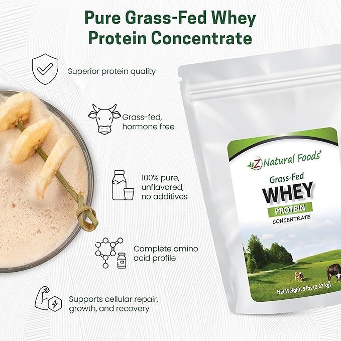 Z Natural Foods Grass-Fed Whey Protein Concentrate - Clean Whey Protein Powder from New Zealand - Cold Processed Pure Whey Protein with Essential Amino Acids for Nutrition & Fitness, Unflavored, 5 lbs