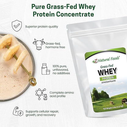Z Natural Foods Grass-Fed Whey Protein Concentrate - Clean Whey Protein Powder from New Zealand - Cold Processed Pure Whey Protein with Essential Amino Acids for Nutrition & Fitness, Unflavored, 5 lbs