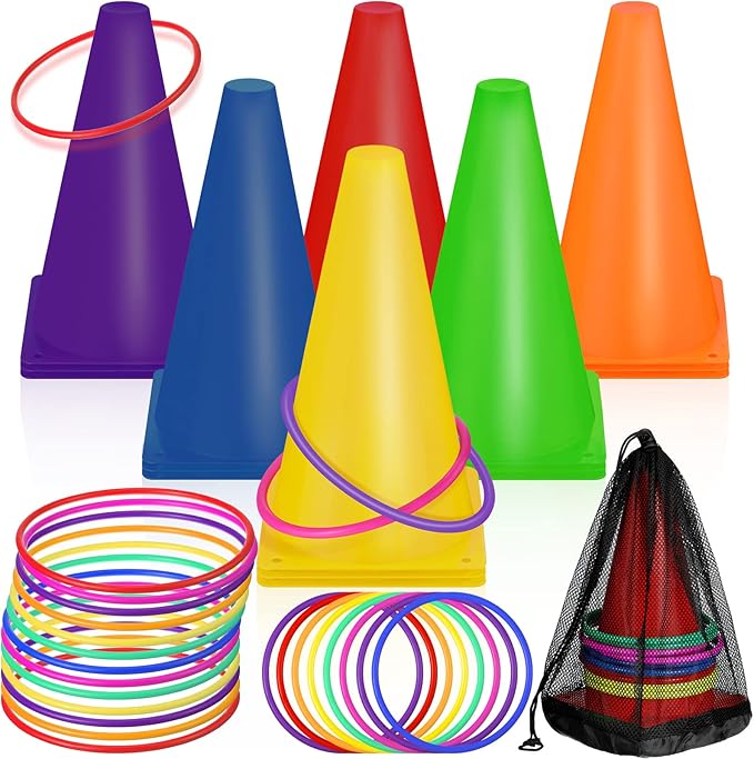 81 Pcs Plastic Cones Ring Toss Combo Set Outdoor Carnival Games, for Adults Birthday Party Throwing Backyard Lawn Game Booth, Speed Agility Practice Games, Mini Construction Traffic Safety Cones