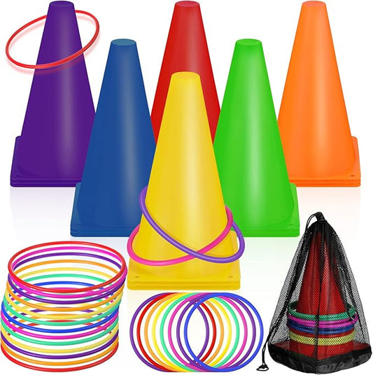 81 Pcs Plastic Cones Ring Toss Combo Set Outdoor Carnival Games, for Adults Birthday Party Throwing Backyard Lawn Game Booth, Speed Agility Practice Games, Mini Construction Traffic Safety Cones