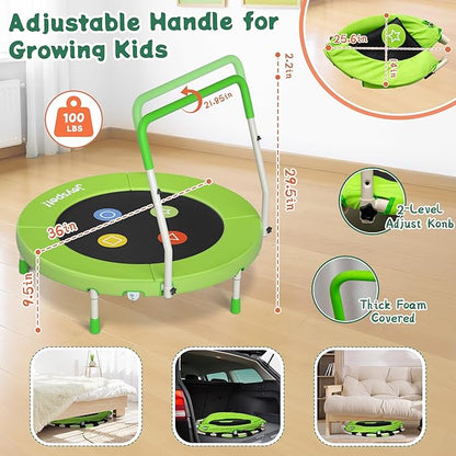 3FT Toddler Trampoline with Adjustable Handlebar, 36" Foldable & Spring-Free, Mini Kids Indoor Outdoor Trampoline for Ages 1-6, Noiseless Jumping Mat, Safe & Sturdy Design, Supports Up to 100 lbs
