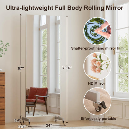 brisafe 67"x24" Ultra-Light Mobile Floor Mirror with 360° Wheels, 0.04mm Shatterproof Nano Film for