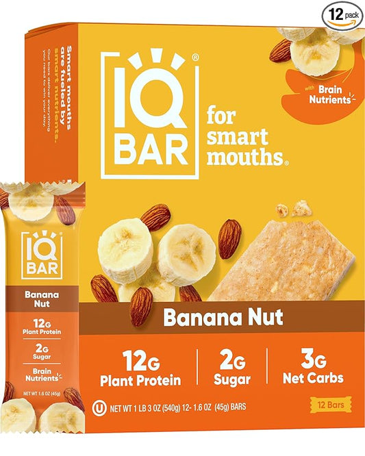 IQBAR Brain and Body Plant Protein Bars - Banana Nut - 12-Count Low Carb - Gluten Free, High Fiber
