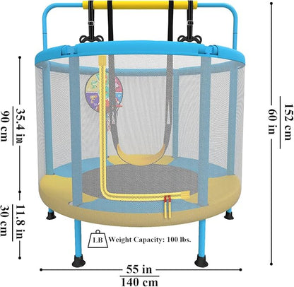 LANGXUN 60" Trampoline for Kids, 5ft Mini Toddler Indoor & Outdoor Trampoline with Net, Basketball Hoop & Dart Board, Birthday Gifts for Boys & Girls, Baby Toddler Christmas Toys (Blue & Yellow)