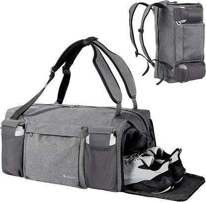 Gym Bag for Men with 2 Upgraded Bottle Holders Convertible Duffle Bag and Gym Backpack Waterproof Sports Bags with Shoes Compartment and Wet Pocket - Grey