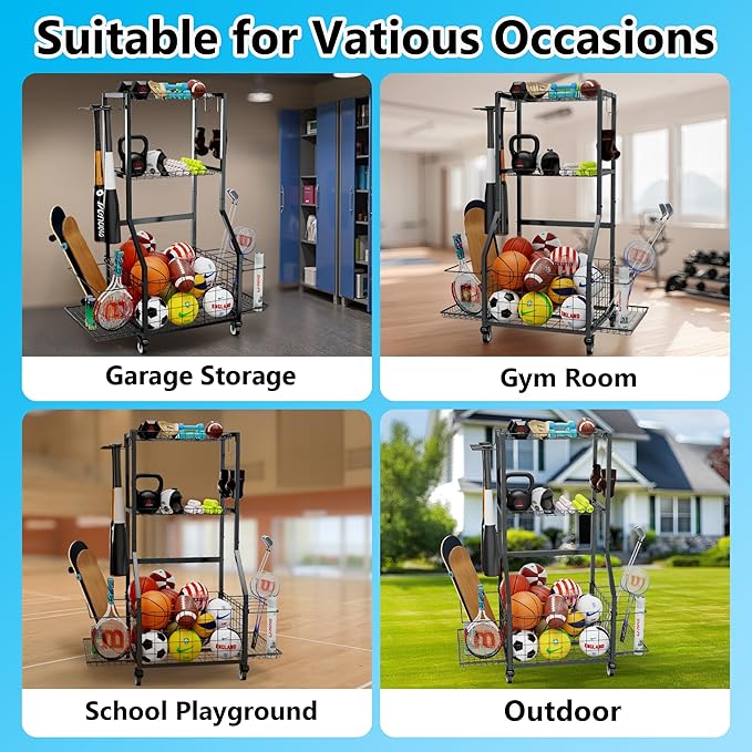 Sports Equipment Organizer, Outdoor Toy Storage Garage Organization - Ball Storage Racks with 2 Side Racks & Durable Baskets, Garage Rolling Ball Cart with Wheels, Hooks for Sports Gear, Bats