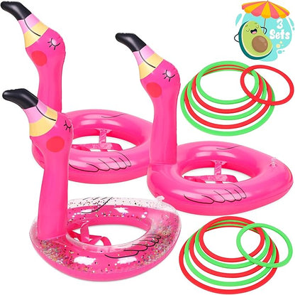 3 PCS Flamingo Inflatable Ring Toss Game - Pool Party Toys Supplies Luau Decorations