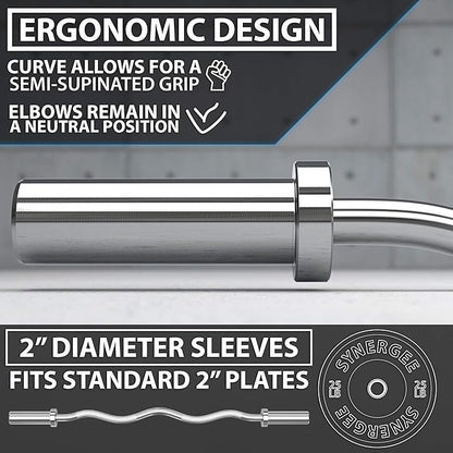 Synergee Commercial EZ Curl Olympic Bar Chrome & Black Phosphate with Powder Coated Brass Bushings Excellent for Bicep Curls and Triceps Extensions