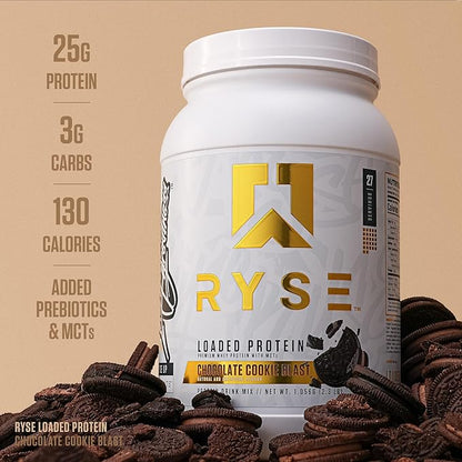 RYSE Loaded Protein Powder - Chocolate Cookie Blast - 25g Whey Protein Isolate & Concentrate with Prebiotic Fiber & MCTs - Low Carb, Low Sugar, Digestive-Friendly - 27 Servings / 2 lb Tub
