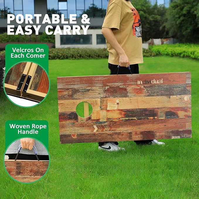 Solid Wood Premium Cornhole Game Set, Bean Bag Toss Game for Tailgate, Outdoor, Backyard - Professional Portable Cornhole Boards & Set of 8 Cornhole Bean Bags (Junior, Tailgate, Regulation Size)