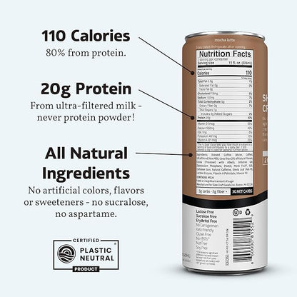 Slate Milk - High Protein Iced Coffee - Mocha Latte - 175mg Caffeine, Lactose Free Energy - 20g Protein, 1g Sugar, 110 Calories, 3g Net Carbs, No Sugar Added - Protein Coffee - 11 fl oz, 12 Cans