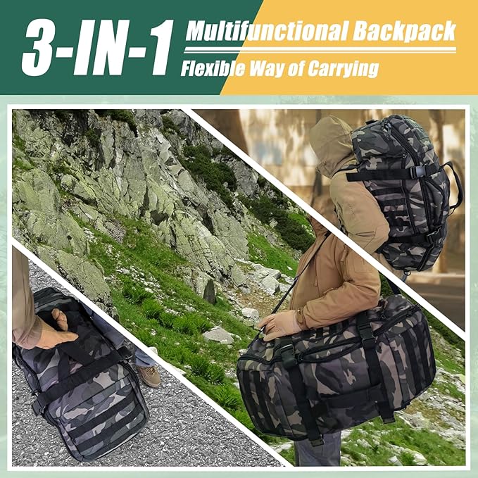 55L Large Travel Gym Duffle Bag Military Tactical Backpack, Army Pack 3 Day Bug Out Bag Rucksack for Outdoor Sport Hiking Camping with Molle System, Black Camo