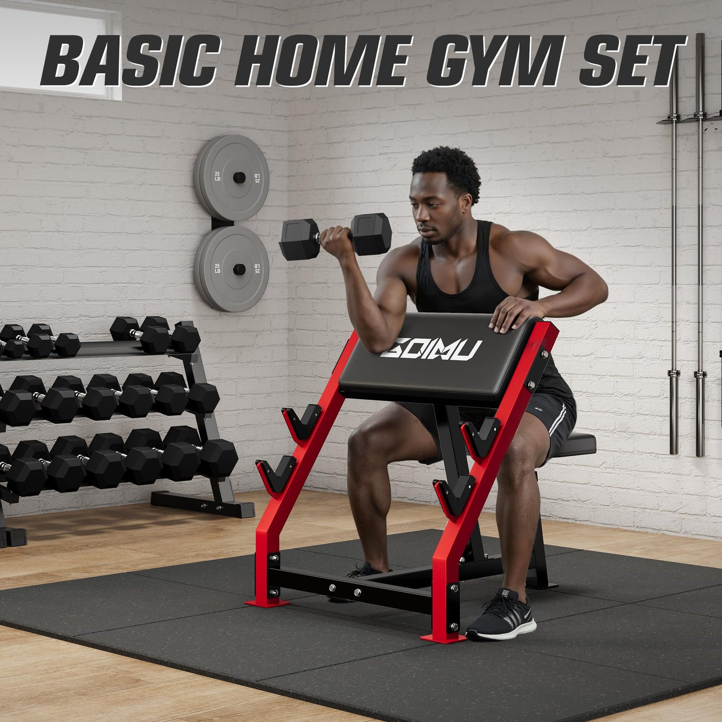 GOIMU PC01 Preacher Curl Bench, Seated Arm Isolated Barbell Dumbbell Bicep Station, Adjustable