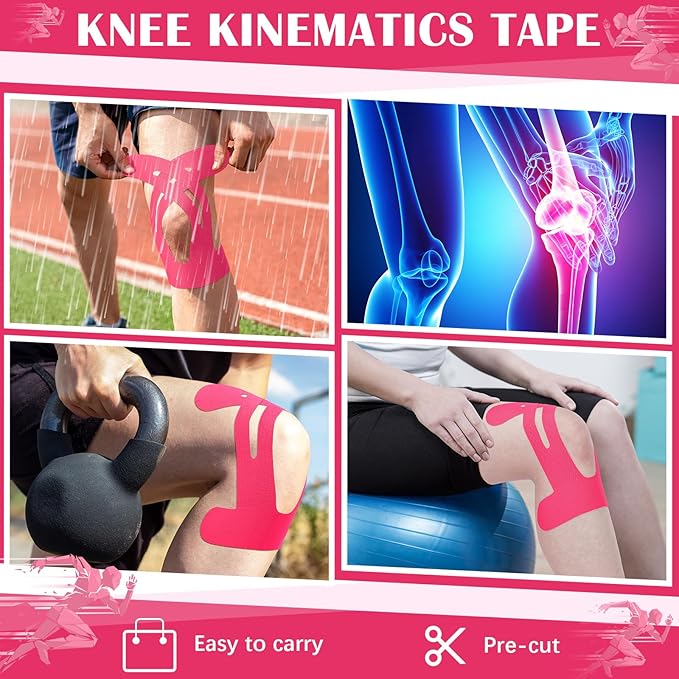 50 Pcs Precut Kinesiology Tape for Knees Pain Relief Elastic Waterproof Athletic Knee Tape for Support Stability Sports(Rose Red)