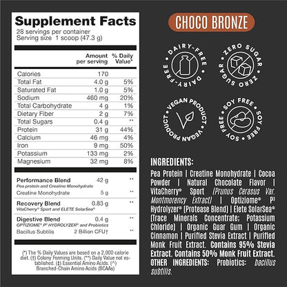 Falcon Performance Vegan Protein Powder, 31g Protein, 5g Creatine, 5g BCAA, Probiotics, Electrolytes, Pre Workout, Low Carb, Sugar Free & Dairy Free, Plant Based Chocolate Protein, 28 servings