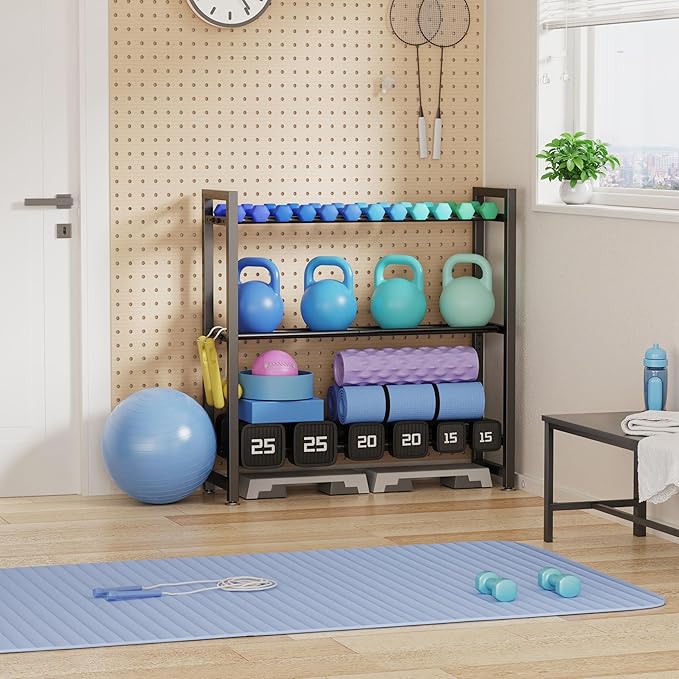 3 Tier Adjustable Dumbbell Rack - Heavy-Duty 330LB Capacity Weight Storage Stand for Dumbbells, Kettlebells - Space-Saving Home Gym Organizer (Rack Only)