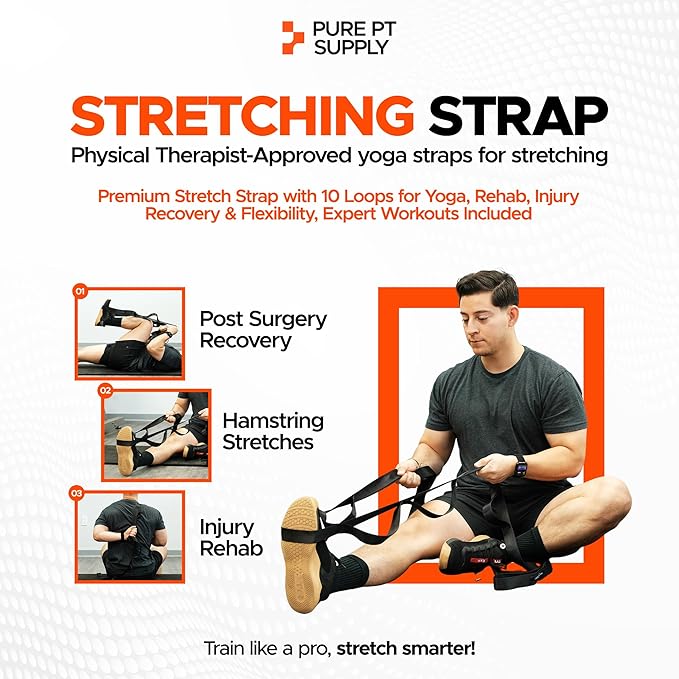 Pure PT Stretching Strap – Physical Therapist-Approved yoga straps for stretching | Premium Stretch Strap with 10 Loops for Yoga, Rehab, Injury Recovery & Flexibility, Expert Workouts Included