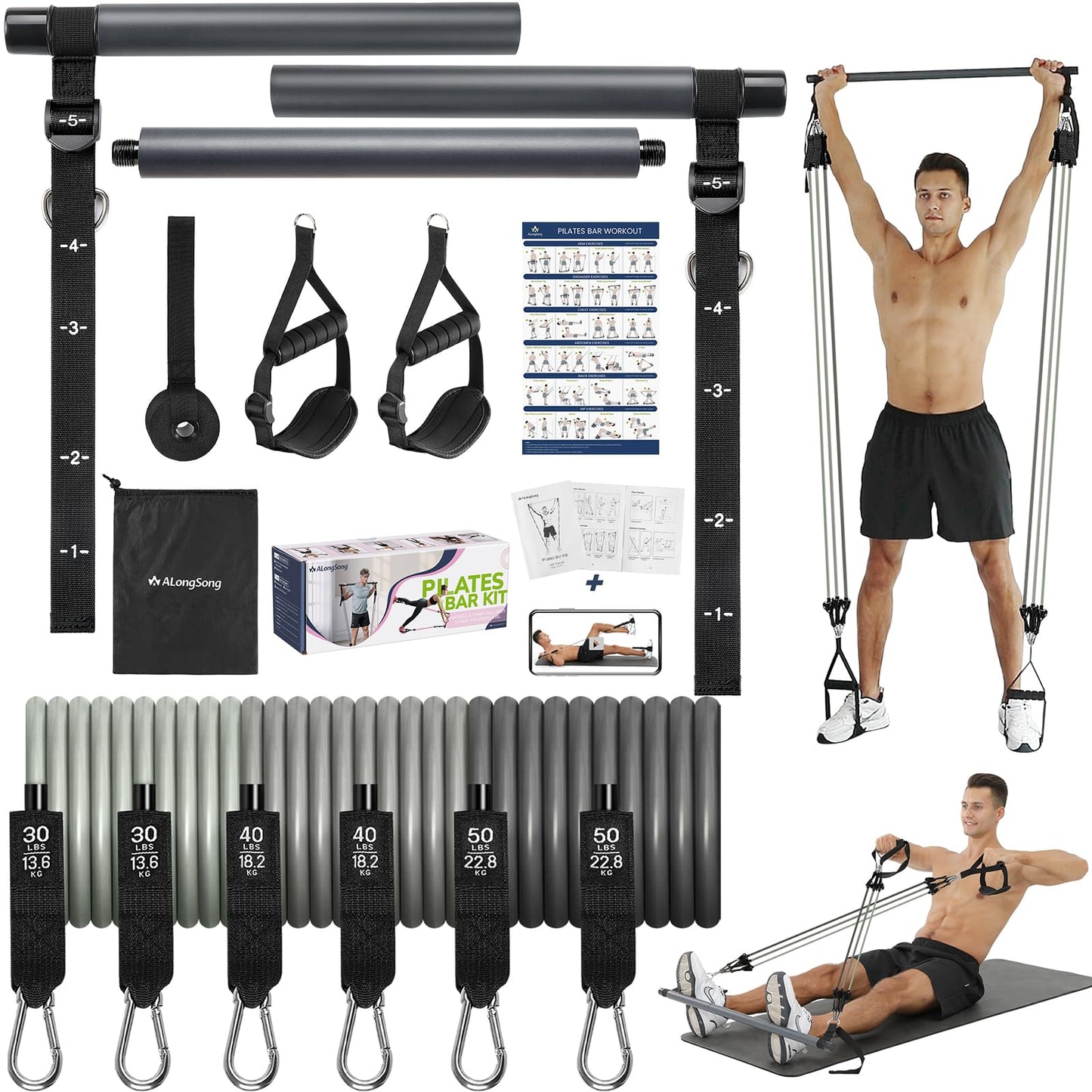 Pilates Bar Kit with Resistance Bands Latex Elastic, ALongSong Multifunctional Yoga Pilates Bar
