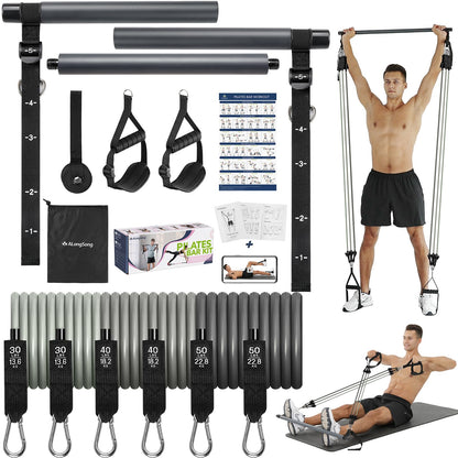 Pilates Bar Kit with Resistance Bands Latex Elastic, ALongSong Multifunctional Yoga Pilates Bar
