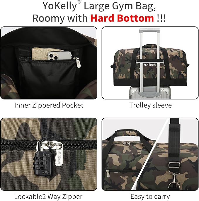 55L Large Duffle Bag for Men Travel - 25 inch Sports Duffel Bag with Hard Bottom - Camo