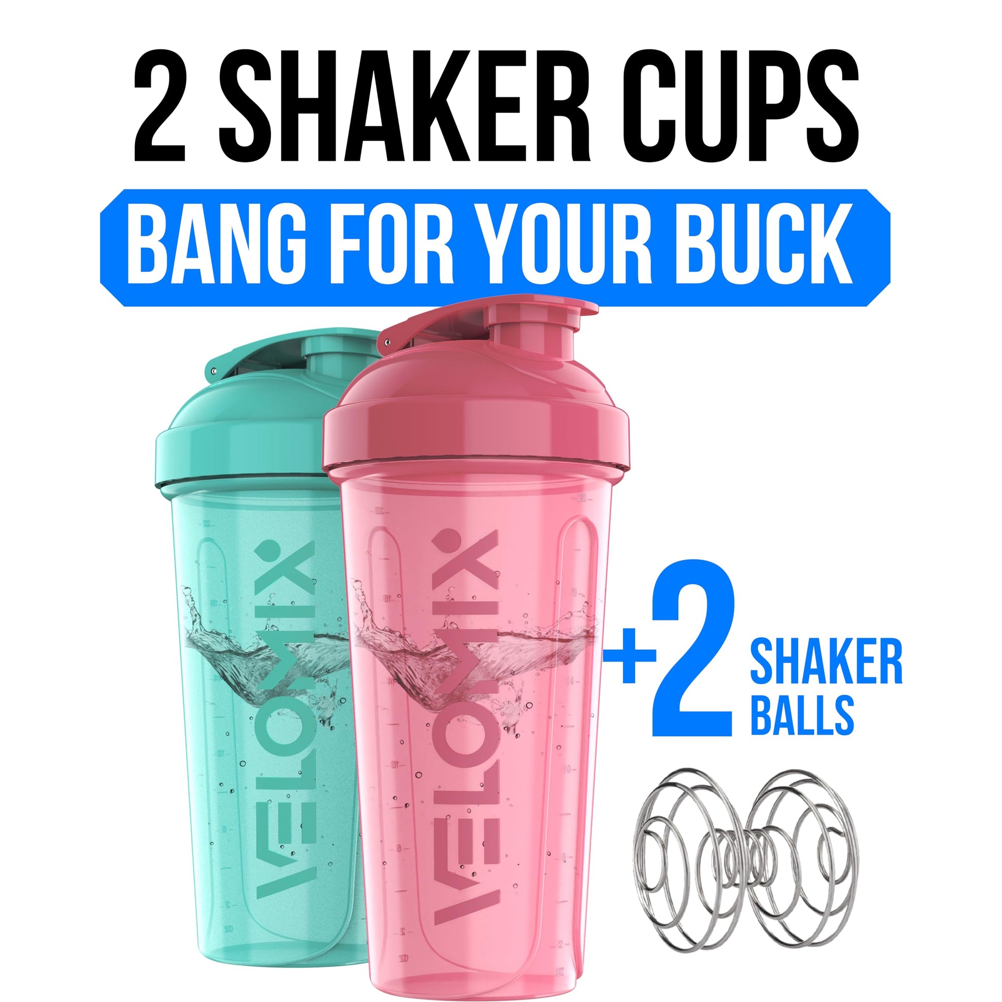 VELOMIX 2 Pack 28oz Protein Shaker Bottle for Protein Mixes, Pink/Turquoise