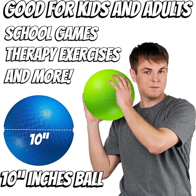 10 Inch Kickball Playground Balls - (Pack of 6) Inflatable Rubber Indoor Outdoor Bouncy Balls for Adults & Kids - Dodgeballs, Kickballs, Four Square and Handballs for School, Gym, with Hand Pump